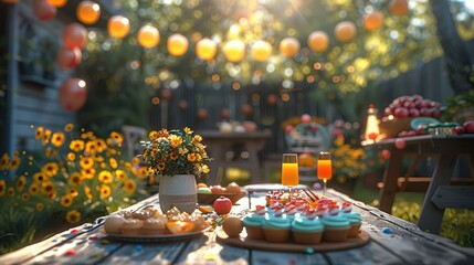 Baby birthday party in garden. Generative AI.