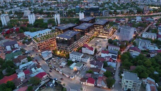 Drone aerial view over Palas Campus from Iasi city of Romania at sunset