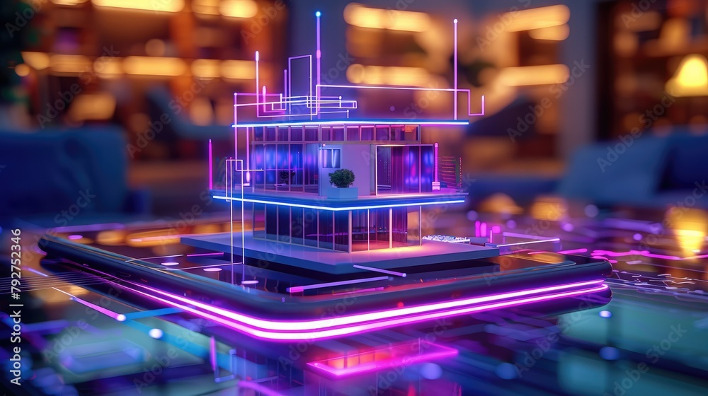 Aufkleber a small building is placed on top of a phone, surrounded by purple light lines and digital data stre