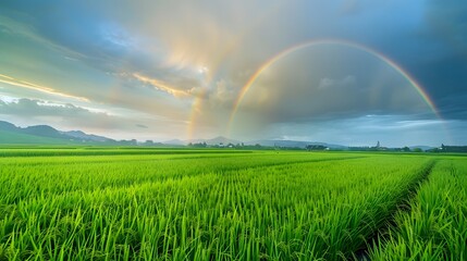 Naklejka premium Terraces and fields under the rainbow, the season of sowing and germination