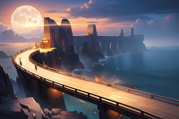 ゲーム背景ドラマティックな夕暮れの空と異世界の観光ランドマークダンジョンに繋がる橋