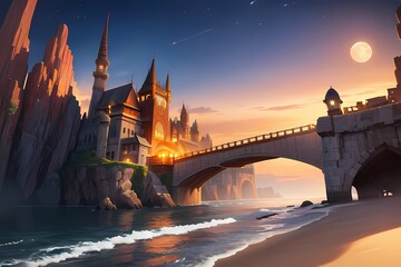ゲーム背景ドラマティックな夕暮れの空と異世界の独立城に繋がる橋