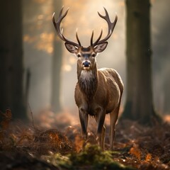 A large deer with antlers stands in a forest clearing.