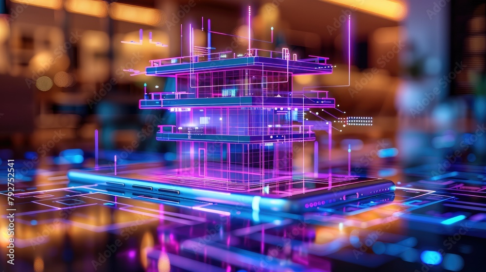 Aufkleber a small building is placed on top of a phone, surrounded by purple light lines and digital data stre