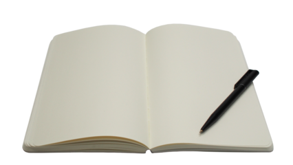 open blank notebook and pen on white