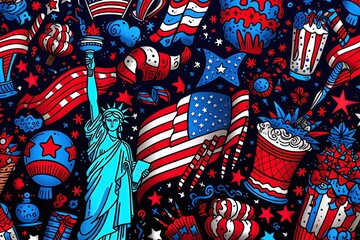 Independence day in America. Doodle art drawing with Statue of Liberty and american flag and colors. Ai Generative