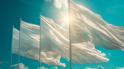 four white flags in front of a blue sky