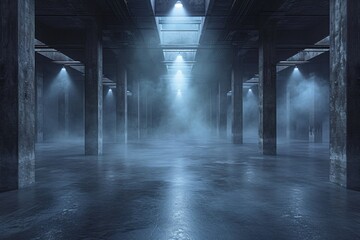 The image shows an eerie, fog-filled industrial space with strong concrete pillars and ceiling lights, conveying emptiness