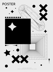 Futuristic retro vector minimalistic Posters with strange wireframes graphic assets of geometrical shapes. Modern y2k design. Surreal black line and cicrle geometry figures.