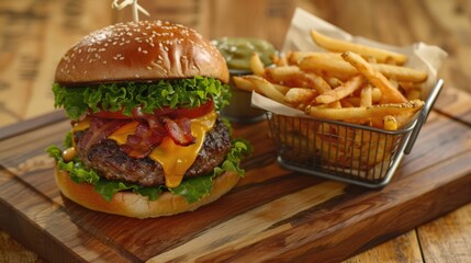 Tasty grilled beef burger with lettuce, cheese, bacon and onion served on wooden cutting board with french fries