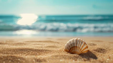 Poster A shell on the sandy beach with a blurred background of blue sea and sky, providing space for text. The concept of a summer vacation. © inthasone