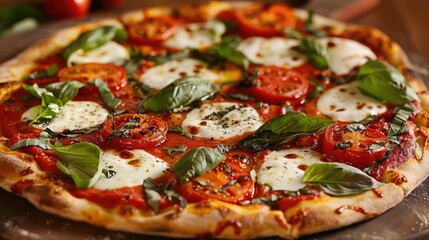 Margherita fresh Italian traditional pizza garnished with fresh basil and tomato
