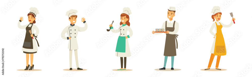 Poster professional chef man and woman character stand in uniform vector set