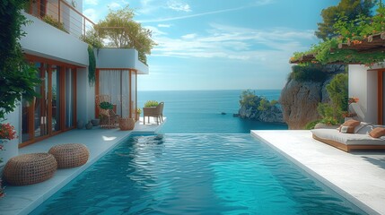 A villa making the most of the nature of the Sea. Near the sea. swimming pool. Generative AI.