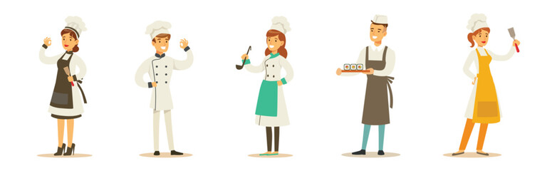 Professional Chef Man and Woman Character Stand in Uniform Vector Set