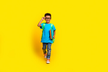 Full length photo of excited funky preteen boy wear blue t-shirt spectacles holding copybook empty...