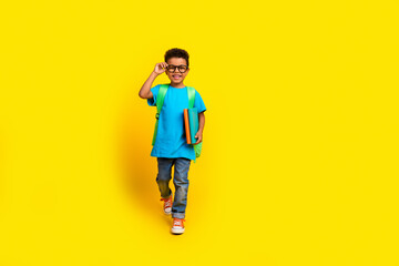 Fototapeta premium Full length photo of excited funky preteen boy wear blue t-shirt spectacles holding copybook empty space isolated yellow color background