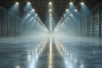 A spacious and vacant industrial warehouse illuminated by a series of bright ceiling lights casting reflections on the smooth floor