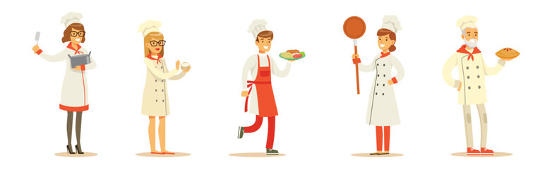 Professional Chef Man and Woman Character Stand in Uniform Vector Set