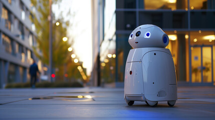 A robot designed for security surveillance sits on the ground in front of a building. Copy space.