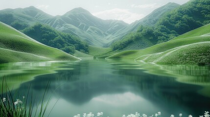 A green lake with hills surrounding it, in the style of futuristic chromatic waves. Generative AI. - obrazy, fototapety, plakaty