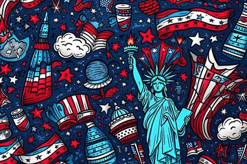 Independence day in America. Doodle art drawing with Statue of Liberty and american flag and colors. Ai Generative