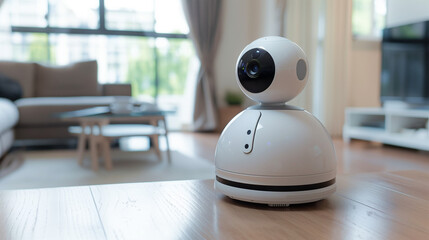 A high-tech security robot equipped with cameras oversees a homes interior. Copy space.