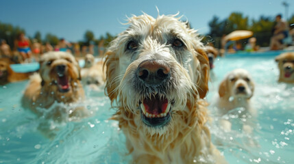 A fun-filled pet pool party with dogs of various breeds happily swimming in a large outdoor pool. - obrazy, fototapety, plakaty
