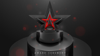 Red Star Trophy on a Podium with Spotlight Elements, Glittering Light Effects, and Bokeh. Vector Illustration.