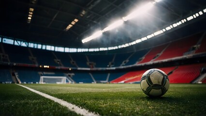 Portrait of a soccer ball in a empty stadium field in front of a goal post in the night time
