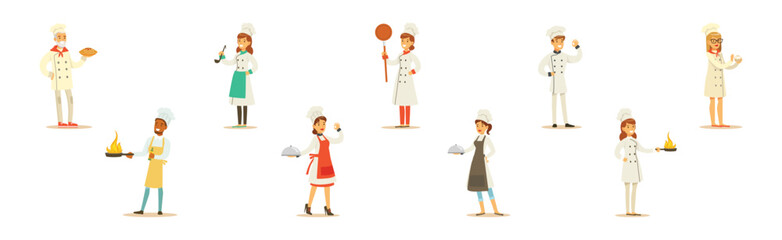 Professional Chef Man and Woman Character Stand in Uniform Vector Set