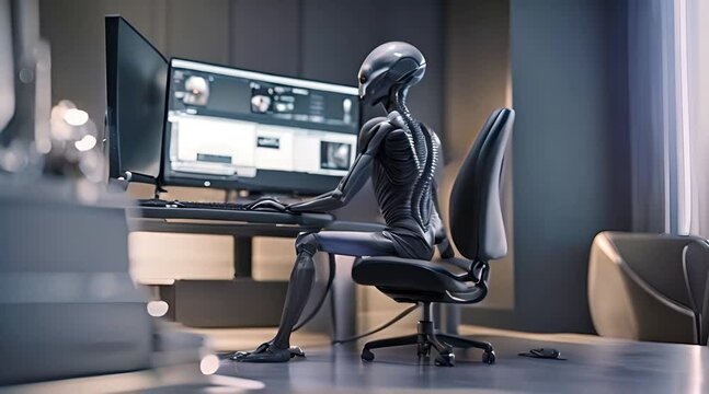 Gray Alien sitting in front of a computer desk