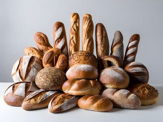 Assorted artisanal bread loaves neatly presented on a white tabletop, with a clean white background.
