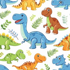 Fototapeta premium A seamless pattern of cute cartoon dinosaurs on a white background.
