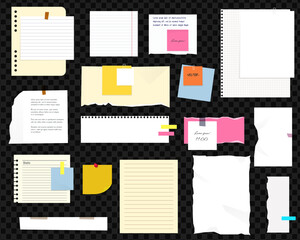 Paper notes, stickers, sticky sheets and tape. Colored ripped lined paper strips collection. Notepaper meeting reminder, office notice or information board with appointments