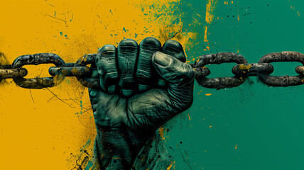 a hand clenched into a fist breaks the chain, for freedom against slavery. Juneteenth holiday representing freedom and equal rights celebration