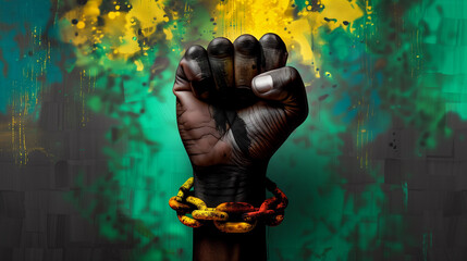 a hand clenched into a fist breaks the chain, for freedom against slavery. Juneteenth holiday representing freedom and equal rights celebration