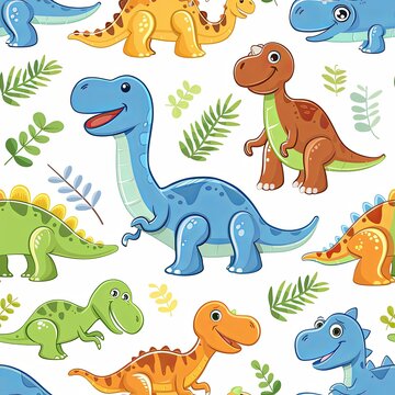 A seamless pattern of cute cartoon dinosaurs on a white background.