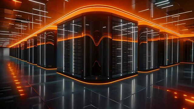 Modern interior of the super computer with server rack in orange and black colors. Digital technology concept, high speed data transfer or cloud storage.