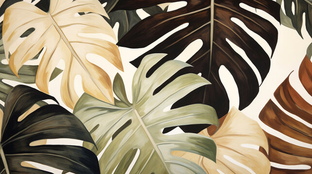 Monstera leaves in green, beige, brown and black colours. Floral abstract art background template. Generative AI 