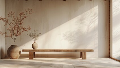 A serene and sunlit minimalist interior showcasing a wooden bench with two vases against a textured wall