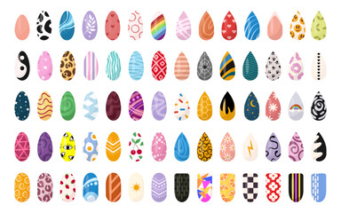 Ideas of nails design art. Bright colorful manicure set. Colorful glossy decorative polish collection with texture and print for finger nail.