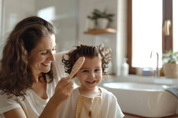 Caucasian mother brushing hair with hairbrush baby toddler. Cosy bathroom with natural light, mom and child happy and playful atmosphere. Hygiene for children, childcare. Daily routine