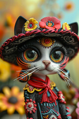 Cute cartoon cat in traditional mexican sombrero sombrero for Cinco de Mayo celebration.