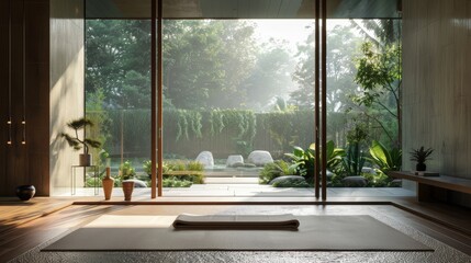 Interior design Yoga mat in the room with a treefilled view from large window