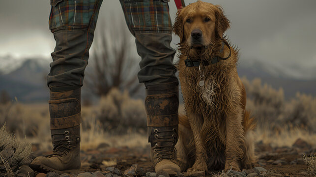 A man and his dog are standing in a field.