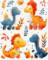 A seamless pattern with cute cartoon dinosaurs and colorful leaves.