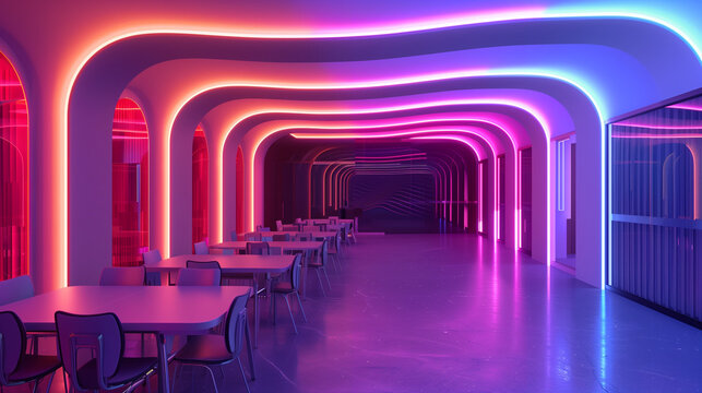A room filled with tables and chairs, illuminated by neon lights on the walls, Sky-fi dining room. Copy space.