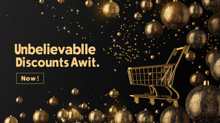 Deep black background with chic gold text "Unbelievable Discounts Await. Shop Now!"