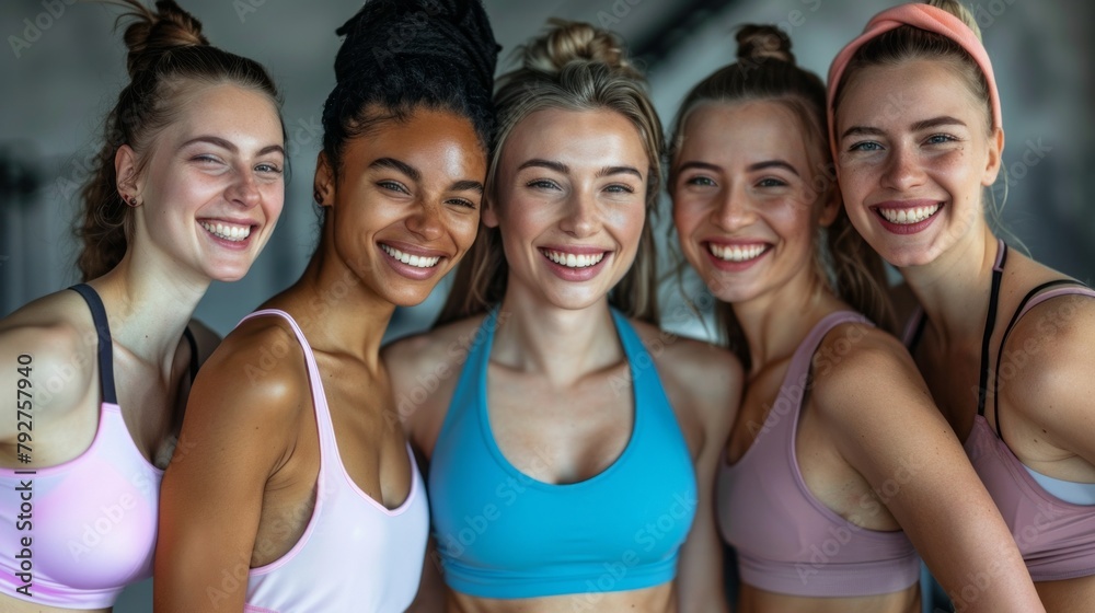 Sticker A group of women are smiling and wearing blue sports bras